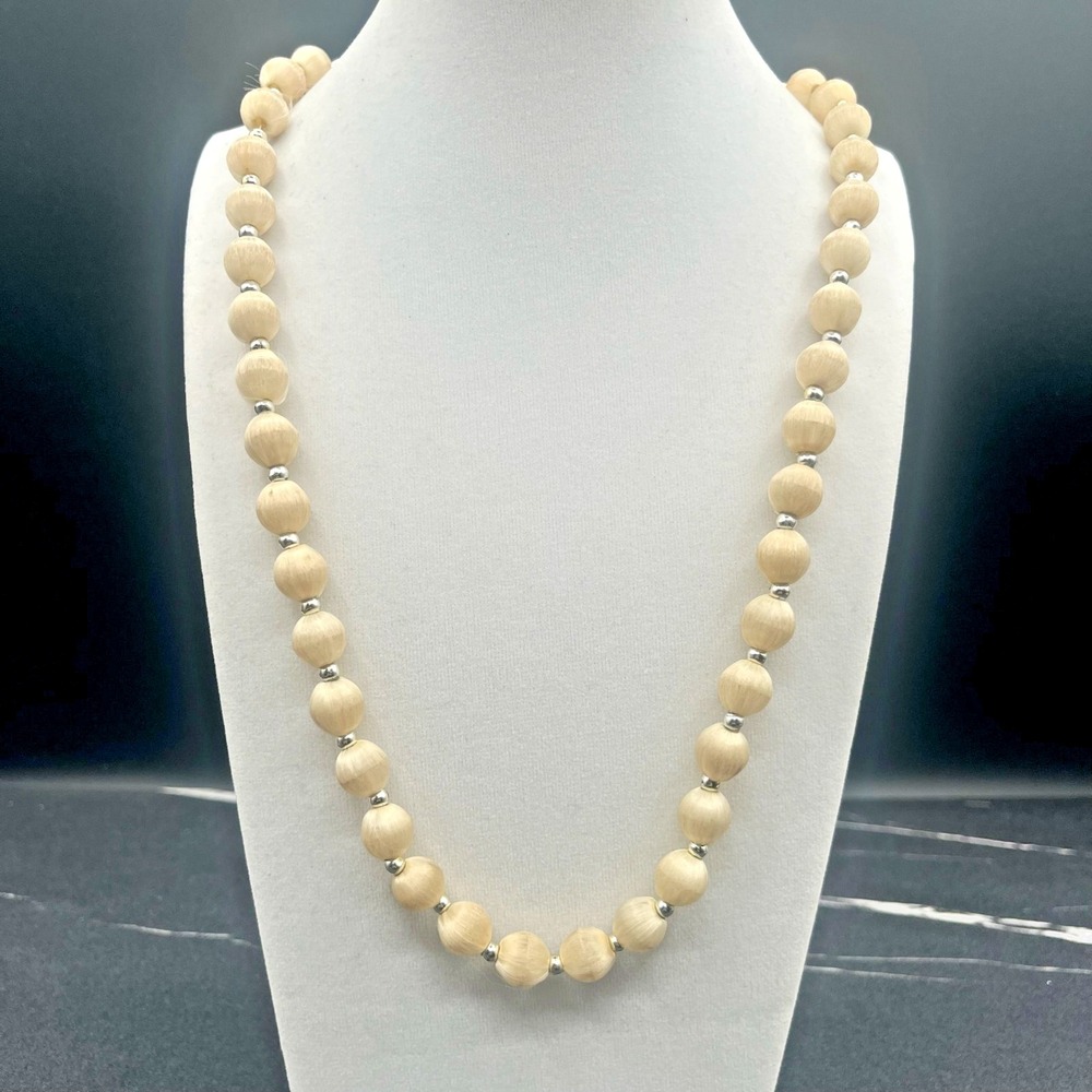 Vintage Plastic Hairs Beaded Necklace Neutral Spacer Silver Tone Women jewellery